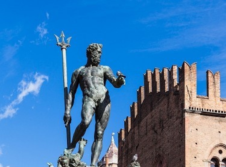 travel to Italy - fountain of Neptune in center of Bologna city in sunny day