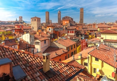 Aerial view of towers and roofs in Bologna, Italy