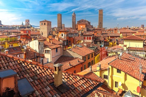 Aerial view of towers and roofs in Bologna, Italy